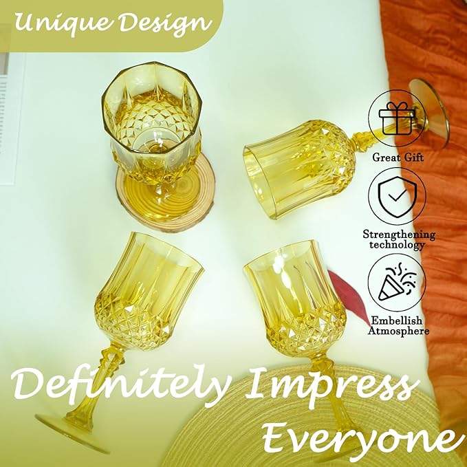 Plastic Wine Glasses, Plastic Goblets Vintage Style Cordial Drinking Glasses for Valentine’s Day, Wedding Reception, Grand Event Party Supplies (12, Gold)