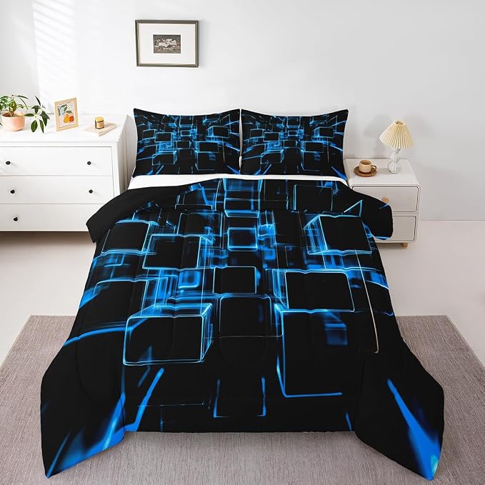 Erosebridal Blue and Black Kids Comforter Set, Modern Geometric Square Bedding for Boys Girls Gradient Neon Light Honeycomb Duvet Insert Abstract Bed Set King 3 Pieces