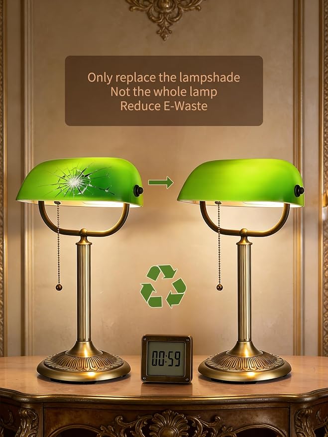 1-Minute Quick-Change Shade Classic Green Glass Bankers Desk Lamp for Study, Office, Library, LED Bulb Included