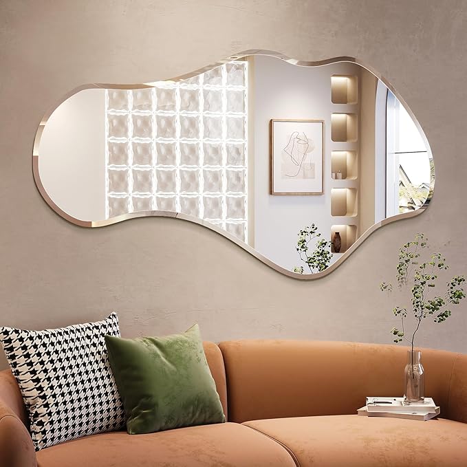 Irregular Wall Mirror, 26”x48” Asymmetrical Wall Mirror, Frameless Asymmetrical Mirrors for Bathroom Entry Way Bedroom Living Room