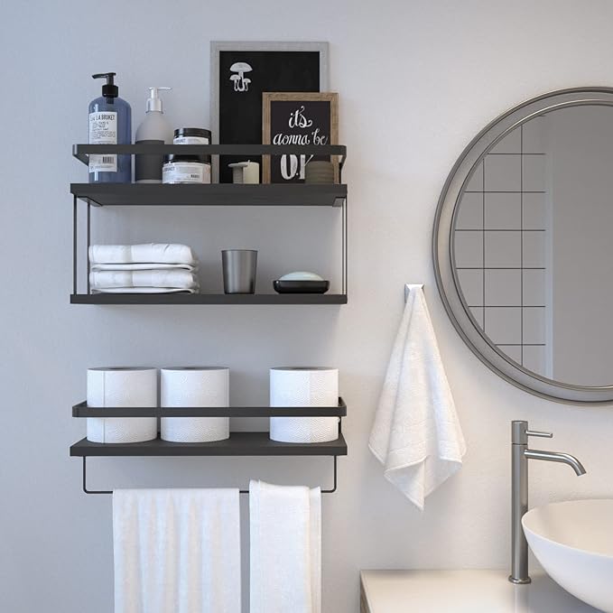 RICHER HOUSE 2+1 Tier Wall Mounted Floating Shelves Set of 2, Rustic Wood Wall Shelf with Metal Frame, Extra Storage Rack for Bathroom, Kitchen, Bedroom with Tissue Rack & Towel Bar - Black