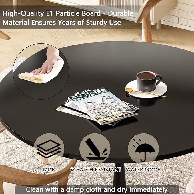DKLGG Black Round Dining Table, 42.1" Tulip Table Kitchen Dining Table 4-6 People with MDF Top & Pedestal Base, Mid-Century End Leisure Coffee Office Living Room Table
