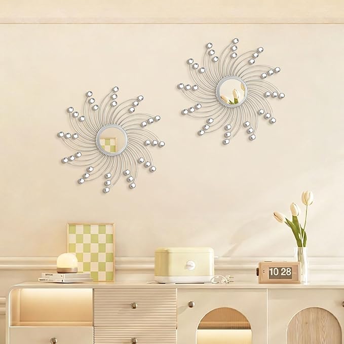 2 Pack Metal Mirrors for Wall Boho Sunburst Wall Mirror Home Decor Modern Decorative Wall Art for Bedroom Living Room Entryway