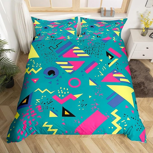 80s 90S Fashion Style Bedding Set Queen Size,Retro Memphis Style Pattern with Geometrical Shapes Duvet Cover for Kids Child,Funky Hipster Old Fashioned Comforter Cover Geometric Bedroom Decor