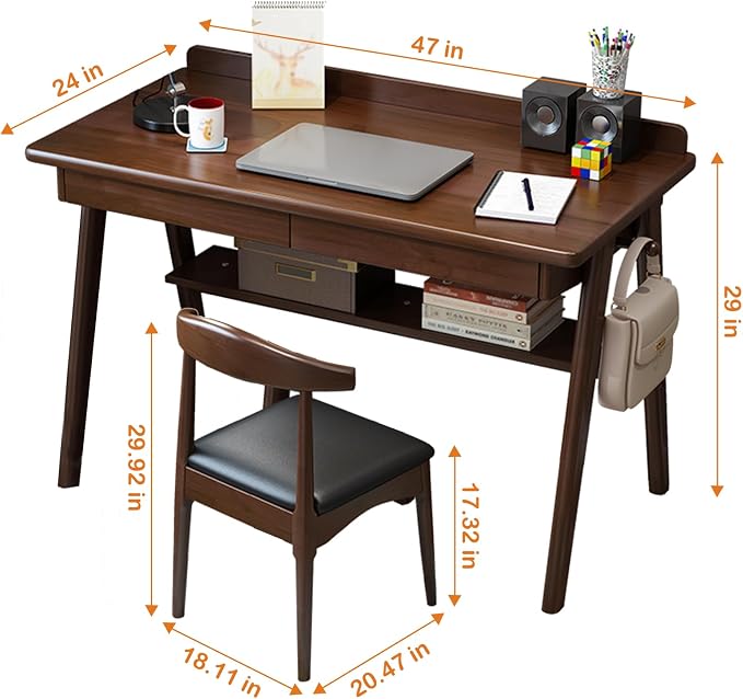 Ytaoka 47" Solid Wood Mid Century Modern Desk with 2 Drawers & 1-Pack Solid Wood Chair Bundle for Home Office or Study Room – Walnut Finish