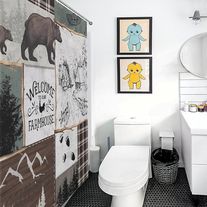 Rustic Cabin Vintage Bear Shower Curtain Country Lodge Deer Mountain Forest Farmhouse Waterproof Shower Curtains for Bathroom Decor 12 Pack Hooks 66x72in（168x183cm）