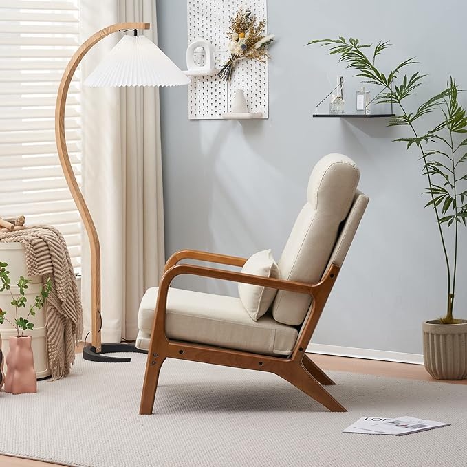 Karl home Accent Chair Mid-Century Modern Chair with Pillow High Back Line Fabric Upholstered Lounge Arm Chair with Solid Wood Frame & Soft Cushion for Living Room, Bedroom, Balcony, Beige