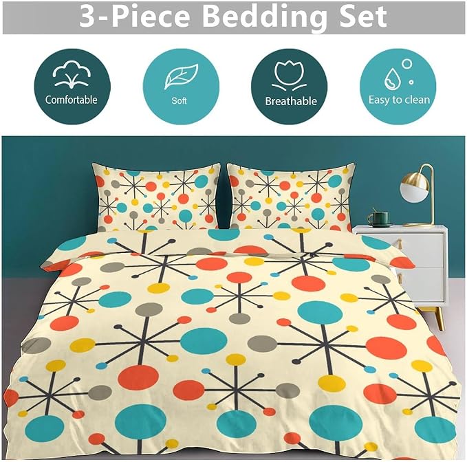 Modern Geometric Bedding Set,1950s 1960s Mid Century Vintage Abstract Atomic Stars Geometric Diamond Pattern Comforter Set with Pillowcase for Bedroom Bed Decor，Twin 86"x70"