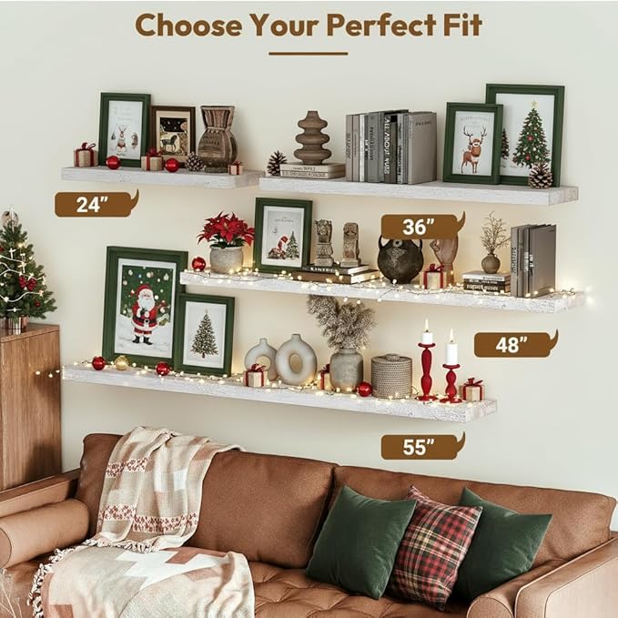 Vivelove Elm Wood Floating Shelves, Wooden Shelves for Wall with Invisible Bracket for Living Room Bedroom Bathroom Office Book, Rustic Farmhouse Display Shelf, 48 Inch Set of 1- Weathered White