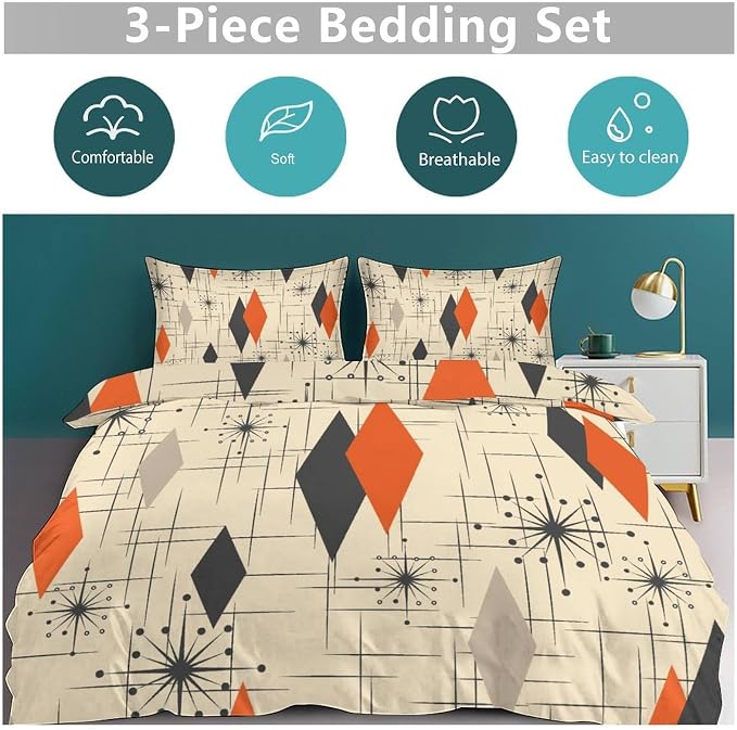 Mid Century Bedding Set,Retro Starbursts Abstract Orange Black Geometric Minimalist 1950s 60s Pattern Comforter Set with Pillowcase for Bedroom Bed Decor,King 102"x90"