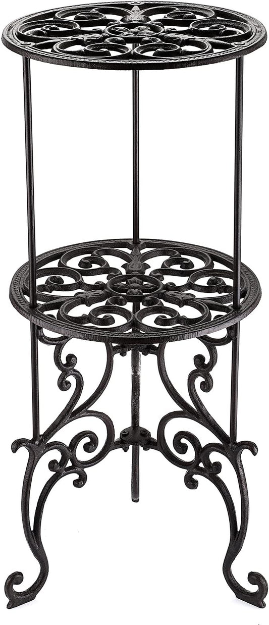 OwnMy Heavy Duty 2 Tiers Cast Iron Plant Stand, Vintage Iron Flower Pot Holder, 2 Layers Tall Decorative Potted Plants Stand Rack, Indoor Outdoor Large Plant Holder for Garden Patio, Retro-Brown
