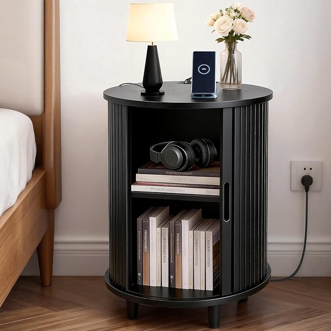 DHH Round End Table with Storage & Charging Station, Fluted Accent Side Table with Sliding Door & Adjustable Shelf, Mid-Century Nightstand for Small Spaces, Living Room, Bedroom (1, Black)