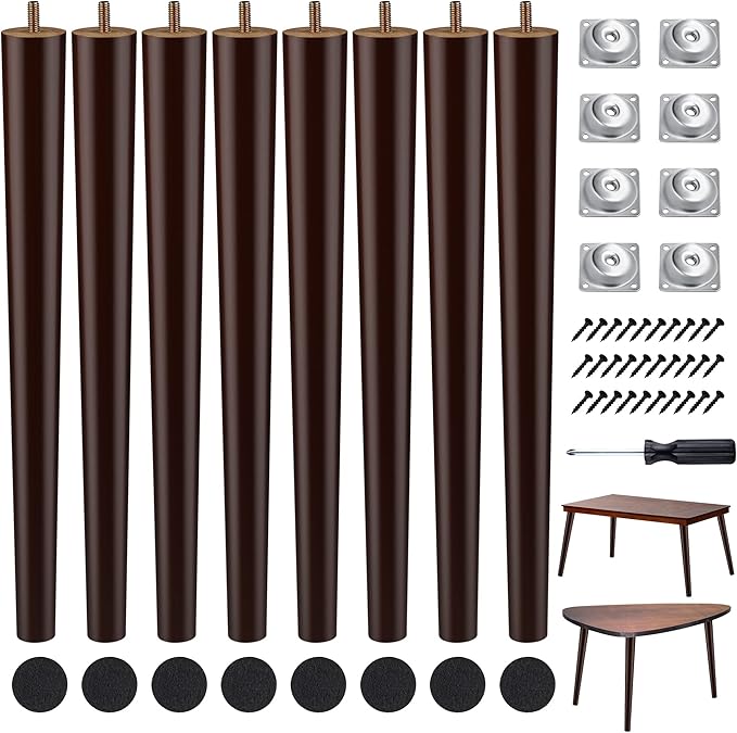 TURSTIN 8 Pieces 16 Inches Table Legs Wood Furniture Legs Tapered Round Replacement Desk Chair Legs Mid Century Furniture Legs for Coffee Table Dresser Night Stand (Brown)
