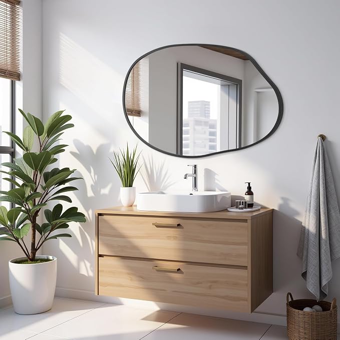 Large Irregular Wall Mirror Black Asymmetrical Bathroom Mirror Modern Decorative 26"x37.5" Aluminum Alloy Frame for Bathroom, Living Room, Entryway, Bedroom
