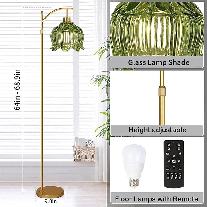 Glass Floor Lamp for Living Room,Bedroom,Gold Mid Century Modern Standing Lamp with Remote,Dimmable Brass Tall Lamp Vintage Tulip Green Arc Flower Floor Light Boho Bohemian