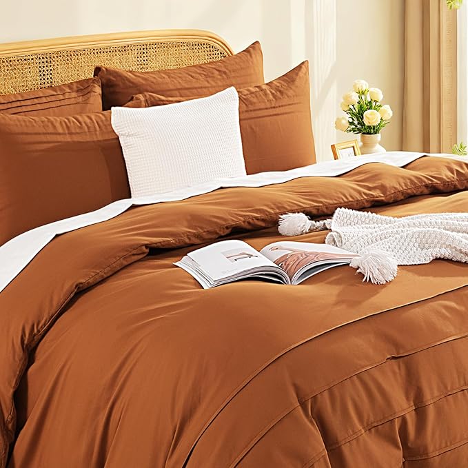 NEXHOME PRO 100% Organic Cotton Duvet Cover Set Linen Pleated Design,Terracotta Burnt Orange, 3pc Bedding Set with Zipper Closure, Soft, Lightweight and Breathable (98"x98", No Comforter)
