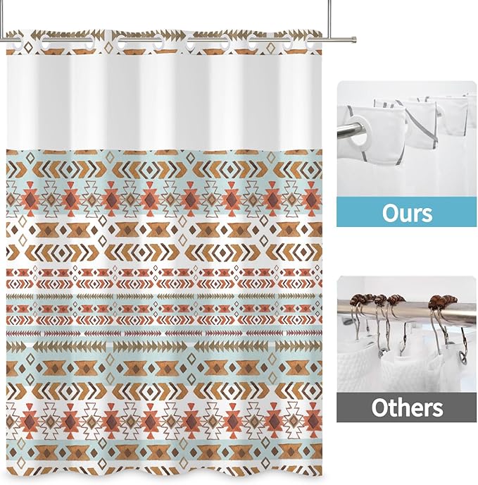 Boho Shower Curtain with Snap in Liner No Hook Mid Century Abstract Curtains for Bathroom Decorations Arch Sun Palm Leaf Waterproof Fabric Bath Accessories Washable 71x74 Inch