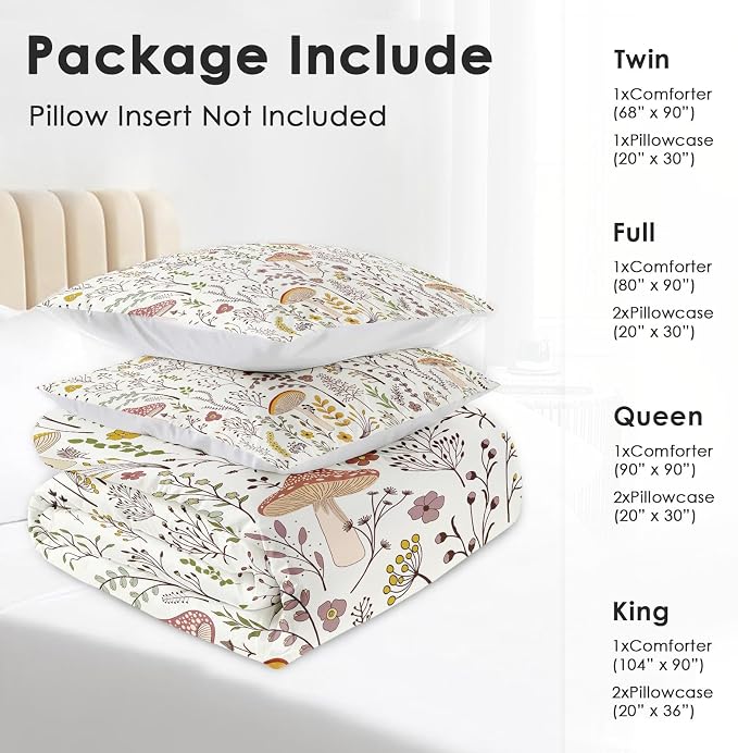 Comforter Set with Pillowcase Twin Size, Cute Beige Forest Mushroom Daisy Flower, Bed Decor Boho Wildflower Plants Botanical Floral Leaf for Kids and Adults, Soft Cozy Bedroom Bedding Set
