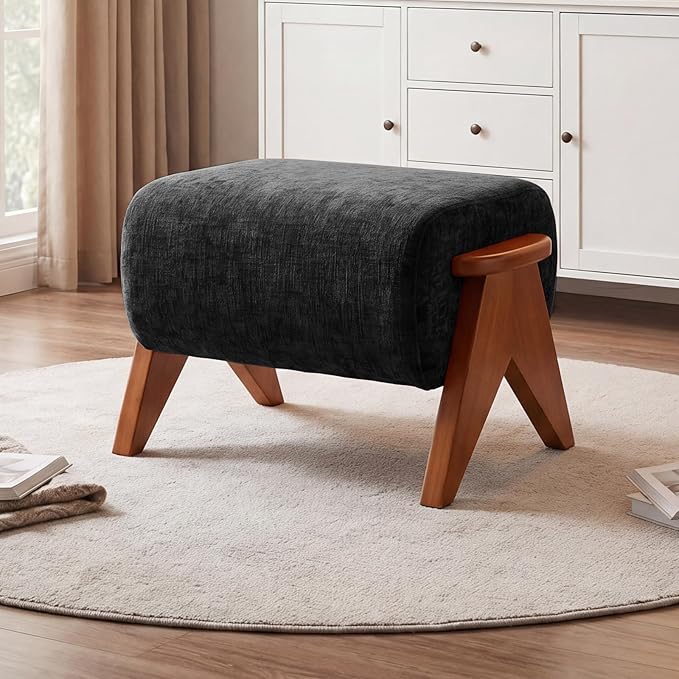 Linen Padded footstools Mid Century Modern Ottoman with Wood Frame, Lounge Upholstered Ottoman, Reading Chair, Sturdy Base, Suitable for Resting Your feet on a Lounge Chair Black