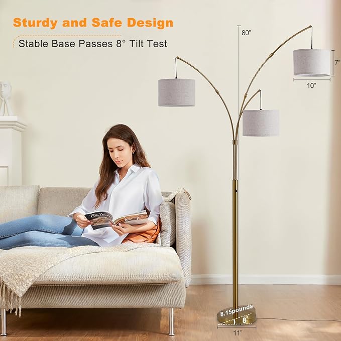 Gold Floor Lamps for Living Room, Super Bright Arc Floor Lamp with Remote Control, 3 Light Tall Floor Lamps with Stepless Dimmable, 80" Mid Century Tree Floor Lamp for Bedroom, Office
