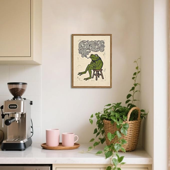 Funny Bandana Frog Wall Art Vintage Japanese Frog Bar Wall Decor Painting, Quirky Animal Poster Canvas Print Picture for Living Room Bedroom 16x24 inch Wood Framed