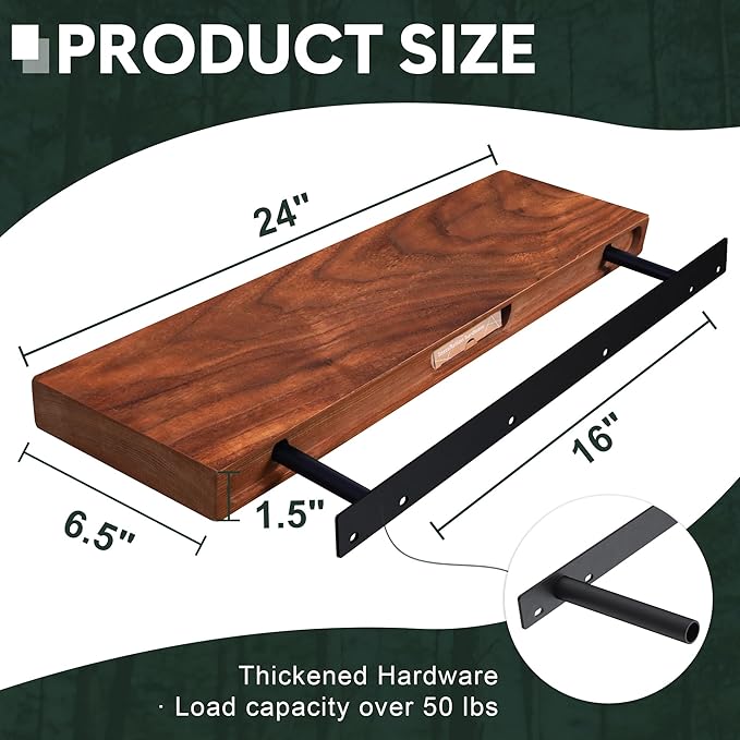 Walnut Wood Floating Shelves,Thicker and Wider Sturdy Wood Shelf for Wall Mount,Great for Bathroom,Bedroom,Kitchen and Living Room Decor,24 x 6 x 1.5 inch, Set of 2 (Walnut, 24")