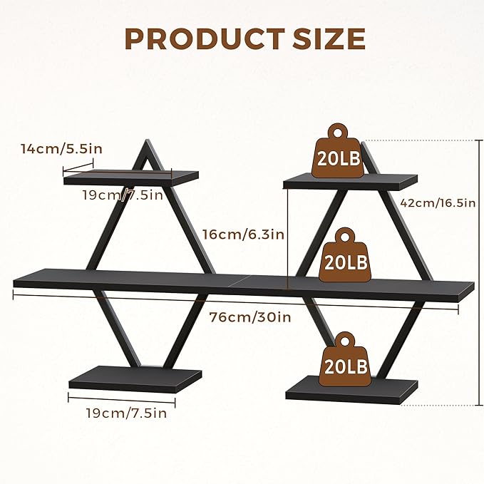 Floating Shelves, Wall Shelf Set of 2, Wall Mounted Shelves, 3-Tier Hanging Wall Shelves for Bathroom, Living Room, Bedroom, Kitchen, Office (Black)