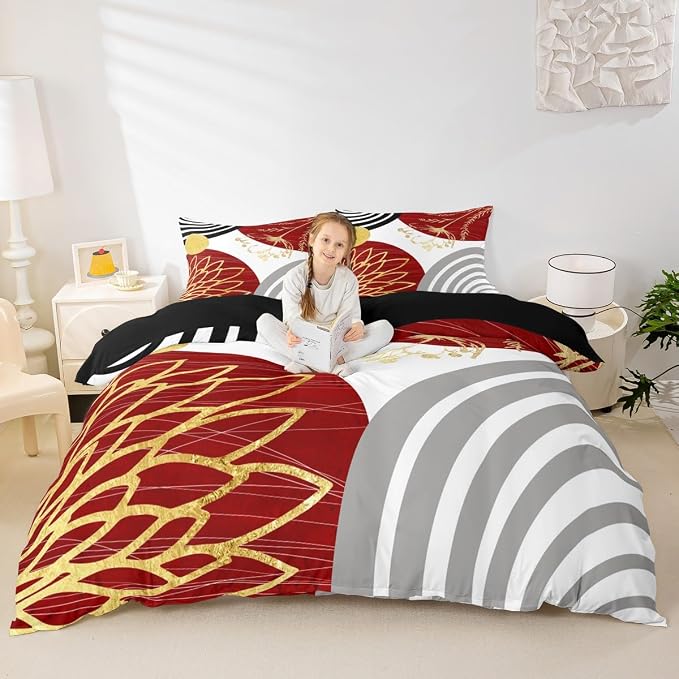 Erosebridal Red and White Modern Queen Comforter Cover for Minimalist | Abstract Mid Century Duvet Cover Bohemian Leaf Floral Botanical Bed Set Aesthetic Modern Geometric Bedding Set