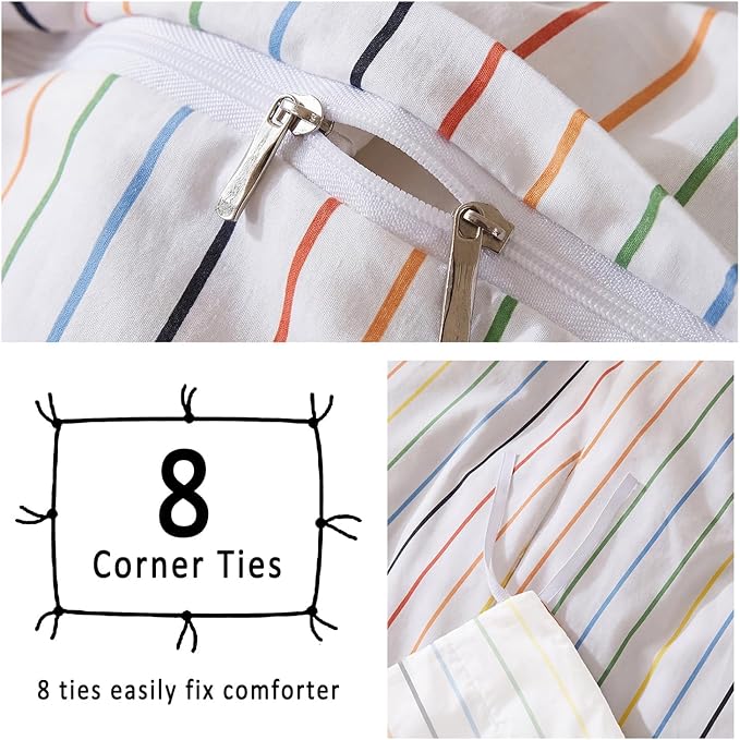 Merryword Rainbow Striped Duvet Cover Set Queen Size, 100% Cotton Bedding Set with Zipper Closure & 8 Corner Ties, Luxury Linen Like Bedding, Soft Breathable Comforter Cover for All Seasons