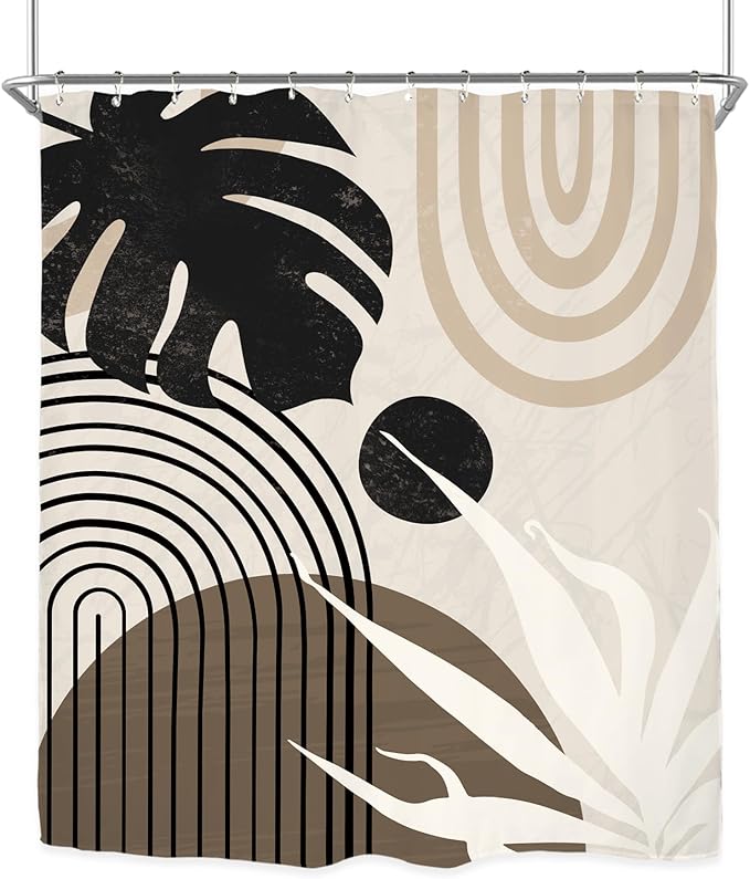 Miyotaa Abstract Light Brown Tan Shower Curtain Set 60Wx71H Inches Minimalist Aesthetic Modern Contemporary Plant Leaves Polyester Waterproof Cloth Bathroom Curtain with 12 Hooks