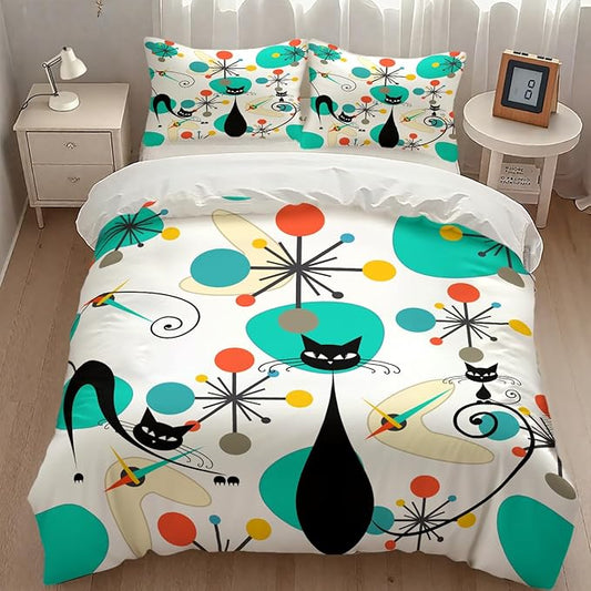 Mid Century Cat Bedding Set,Retro Black Cat Atomic Diamond Star Abstract Geometric Minimalist Simple Modern Comforter Set with Pillowcase for Bedroom Bed Decor,King 102"x90"
