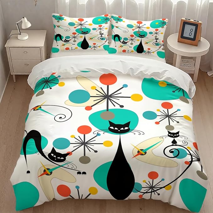 Mid Century Cat Bedding Set,Retro Black Cat Atomic Diamond Star Abstract Geometric Minimalist Simple Modern Comforter Set with Pillowcase for Bedroom Bed Decor,Full 79"x90"