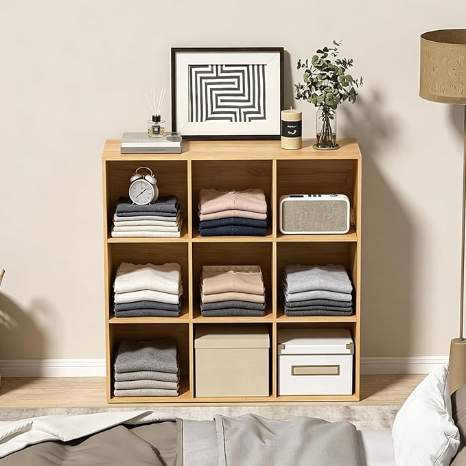 Wooden 9 Cube Storage Organizer with Closed Back Panel,White Cube Shelf Cubby Storage Organizer with Compartments for Living,Bookshelf, Easy to Install (Oak, 9 Cube-11in)
