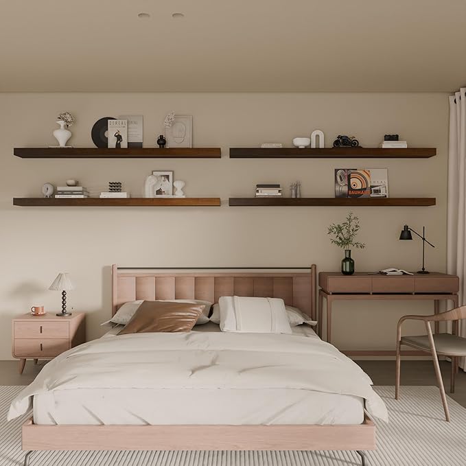 Floating Shelves for Wall, 60 Inch Extra Long Walnut Wall Shelves, Set of 4, Hanging Invisible Brackets Floating Shelves for Living Room,Bedroom,and Kitchen