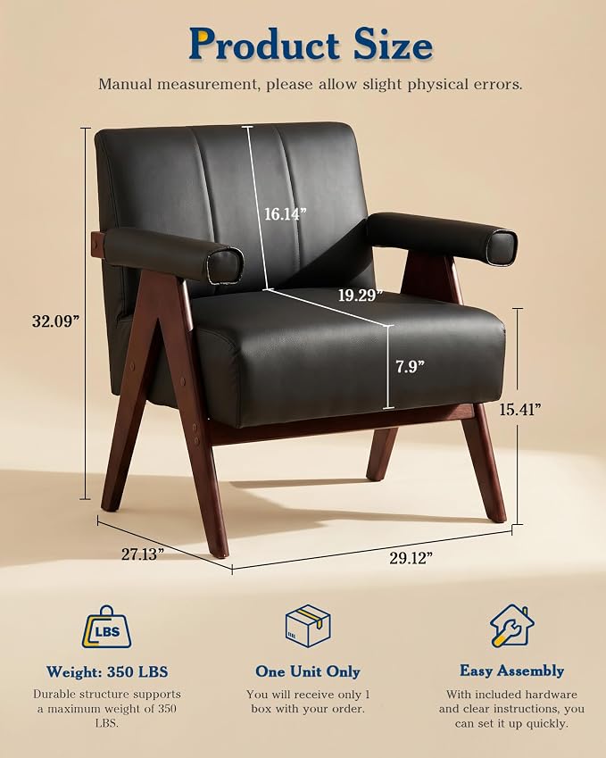 AODAILIHB Mid Century Modern Accent Chairs Set of 2, Solid Wood Frame Black Leather Armchairs, Modern Reading & Living Room Chairs for Office Guest & Waiting Room