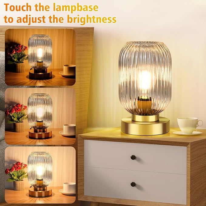 Mid Century Modern Table Lamp with Clear Ribbed Glass Shade, Touch Control & 3 Way Dimmable, Small Gold, Vintage Bedside Lamp for Bedroom, Living Room, Office (Bulb Included)