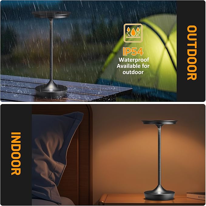 LED Cordless Table Lamps Rechargeable - Outdoor 6000mAh Battery Operated Portable Tables Light 3 Color Stepless Dimming Lamp with Memory Function for Patio Restaurant Dining Black