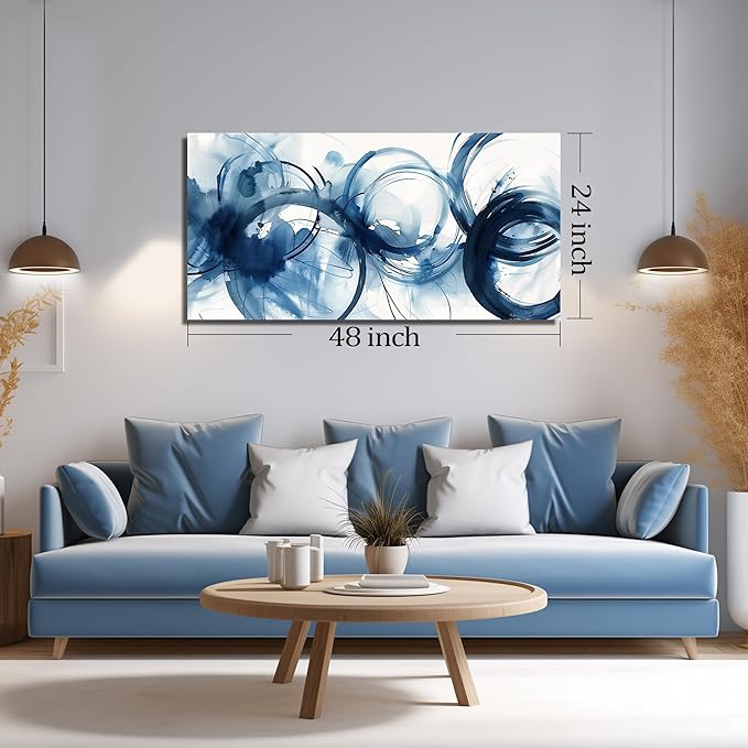 Abstract Circle Canvas Wall Art for Bedroom Blue and White Wall Decor for Dining Room Big Modern Poster Wall Art for Apartment Size 24 x 48 Inch
