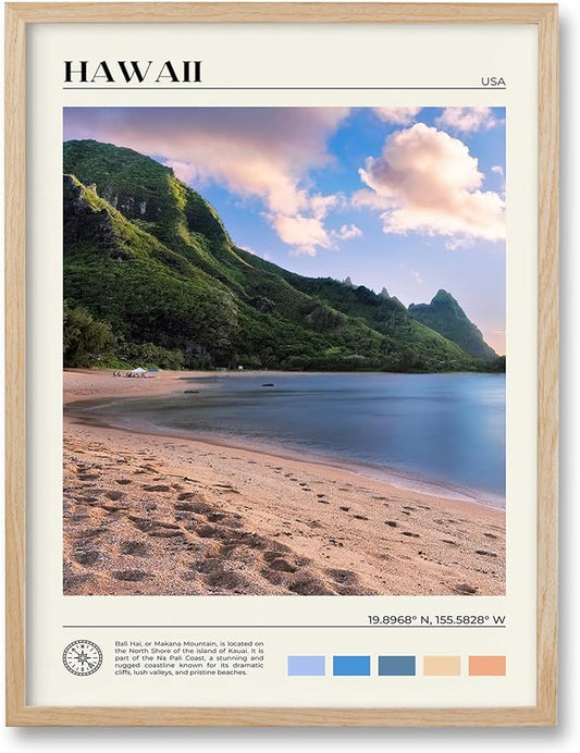 HesenDot Natural OAK Wood Hawaii Framed Wall Art,12x16in Makana Mountain Natural Scenery Canvas Wall Print,Classic Urban City Landmark Wall Decor for Living Room,Bedroom,Office Gallery Gifts Set of 1