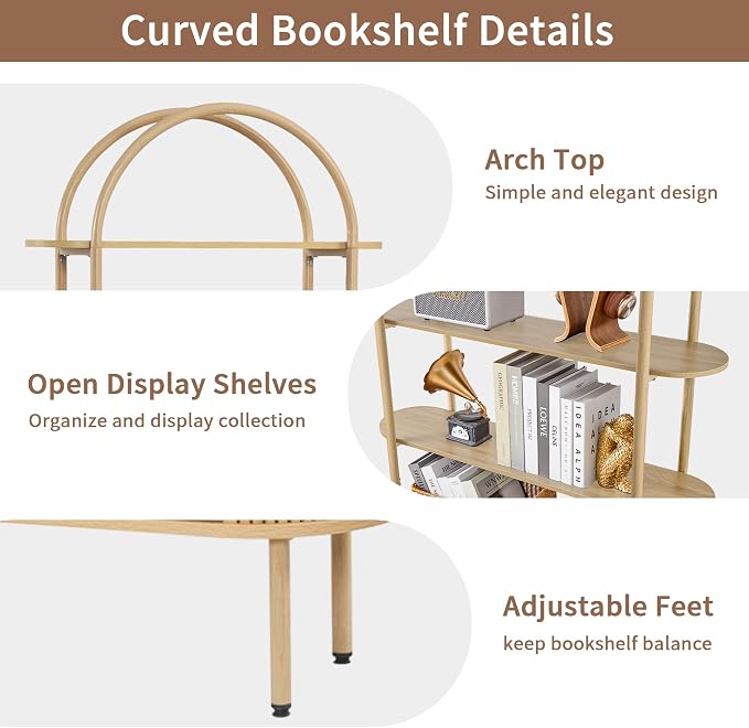 71" Tall Fluted Arched Bookshelf with Sliding Tambour Doors, Mid Century Modern Metal Curved Bookshelf Cabinet with Storage, 4-Tier Open Display Storage Shelf for Home Office, Living Room (Natural)