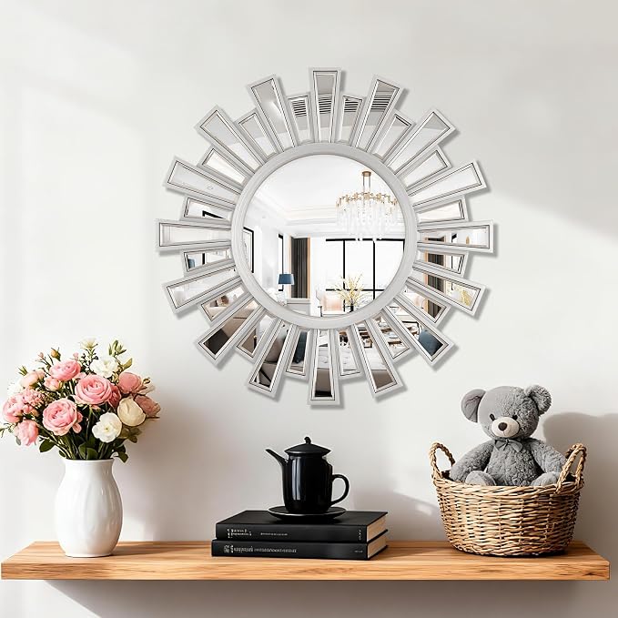 Round Mirrors for Wall Decor, 24" Sliver Sunburst Mirror,Starburst Mirror for Living Room,Hallway,Bedroom Fireplace