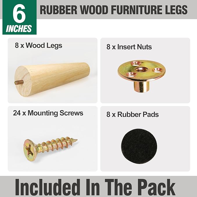 FoDau770 Rubber Wood Furniture Legs 6 Inches, Straight Tapered Wood Feet Mid Century Sofa Legs Set of 8, 5/16" UNC Furniture Feet Replacement Parts for Cabinet Couch Dresser Chair Ottoman Table