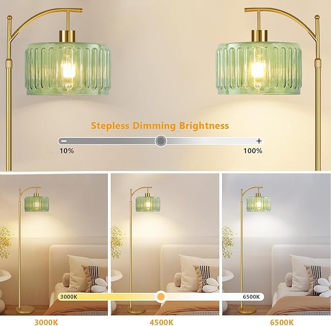 ILLMTW Glass Floor Lamp for Living Room,Bedroom,Gold Mid Century Modern Standing Lamp with Remote,Dimmable Brass Tall Lamp Vintage Retro Green Arc Flower Floor Light Boho Bohemian
