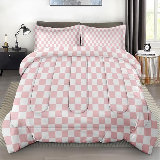 Comforter Set with 2 Pillowcases Full Size, Light Pink Checkered Plaid Girly, Bed Decor Retro Cute Gingham Checkerboard Geometric for Kids and Adults, Soft Cozy Bedroom Bedding Set