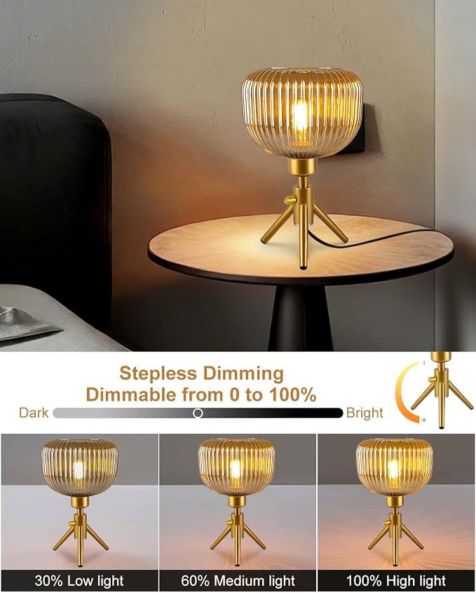 Lightdot Tripod Glass Table Lamp Gold Small Desk Lamp with Brown Striped Glass Shade, 3000K Warmwhite Dimmable Nightstand Lamp for Bedroom/Bedside/Living Room/Study Room/Home Decor