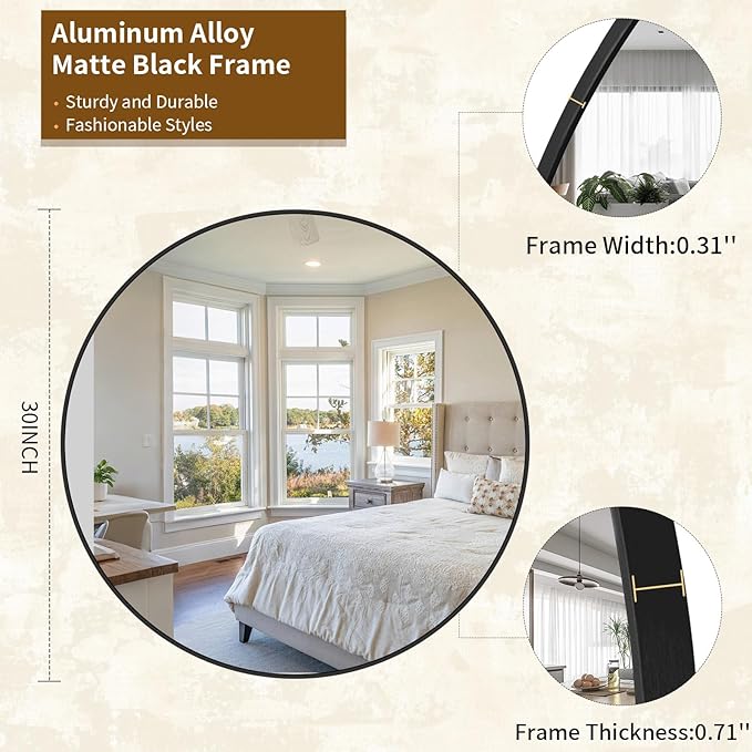 Round Mirror Wall Mounted Mirror - 30" Circle Mirror Bathroom Vanity Mirror with Aluminum Frame for Bedroom Living Room, Entryway Decor Black Mirror