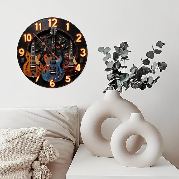Vintage Guitar Wall Clock Neon Clock Electric Guitar Decor 10-Inch Wooden Wall Clock, Silent Movement, Battery Operated (AA Batteries Not Included), Artistic Home Decor, Perfect for Home Accents