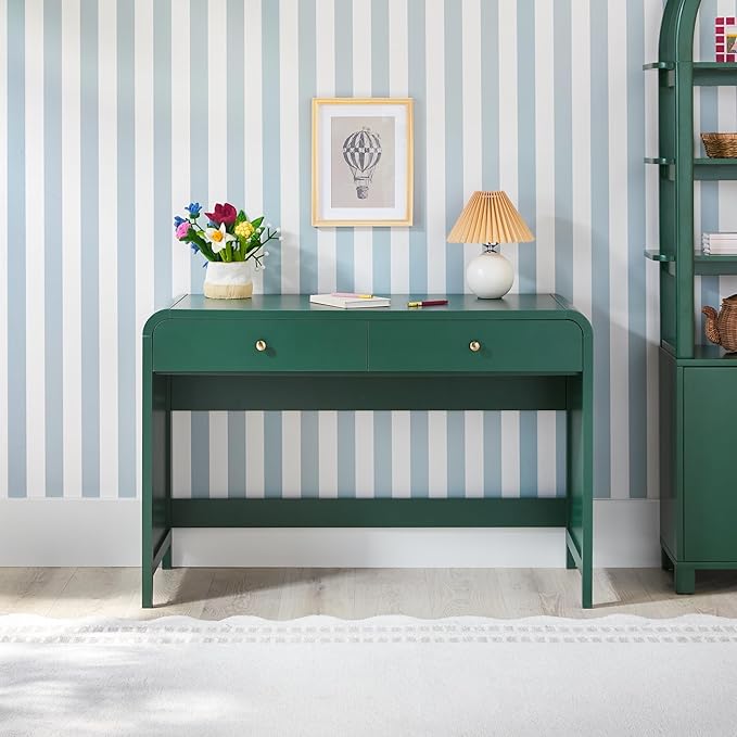 Walker Edison Zoey Modern Curve Design Writing Desk with Drawer, 45 Inch, Green