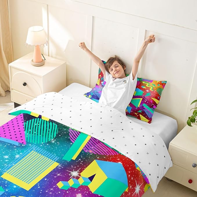 80s 90S Fashion Style Bedding Set Twin Size,Retro Memphis Style Pattern with Geometrical Shapes Duvet Cover for Kids Child,Funky Hipster Old Fashioned Comforter Cover Geometric Bedroom Decor