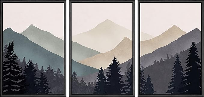 wall26 Framed Canvas Print Wall Art Set Woodland Nursery Decor Blue Gray Duotone Mountain Forest Abstract Nature Nordic Decorative Minimal Boho for Living Room, Bedroom, Office - 16"x24"x3 Black